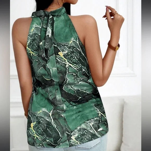 Elegant Classic Marble Water Color Print Halter Top Blouse Shirt Blue - Picture 6 of 12